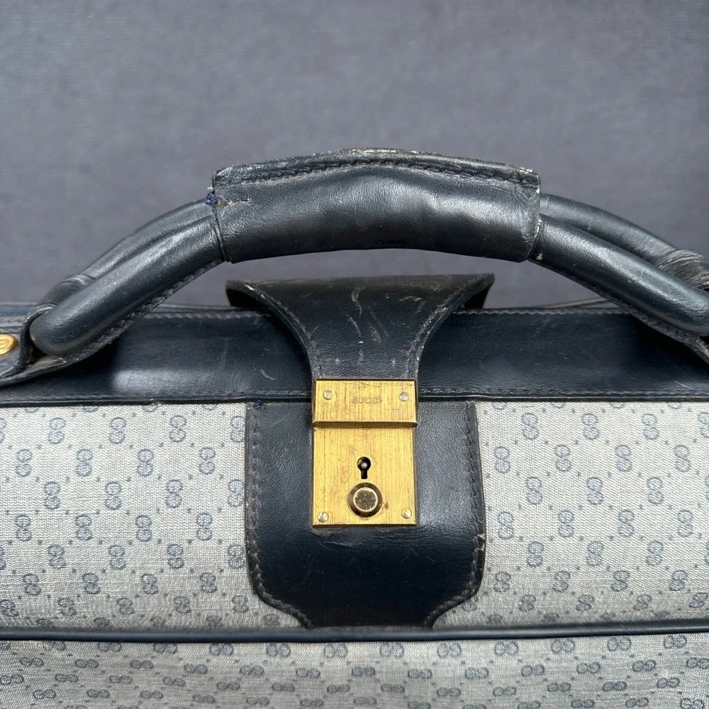 Vintage Gucci GG Monogram Suitcase Navy Leather Trim Travel Bag Large Soft Case